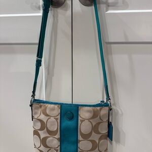 COACH Signature Canvas Crossbody Bag - Teal and Tan
